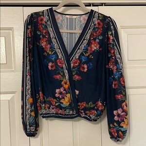 The Jetset Diaries Blue Floral Wrap Blouse with Puff Sleeves